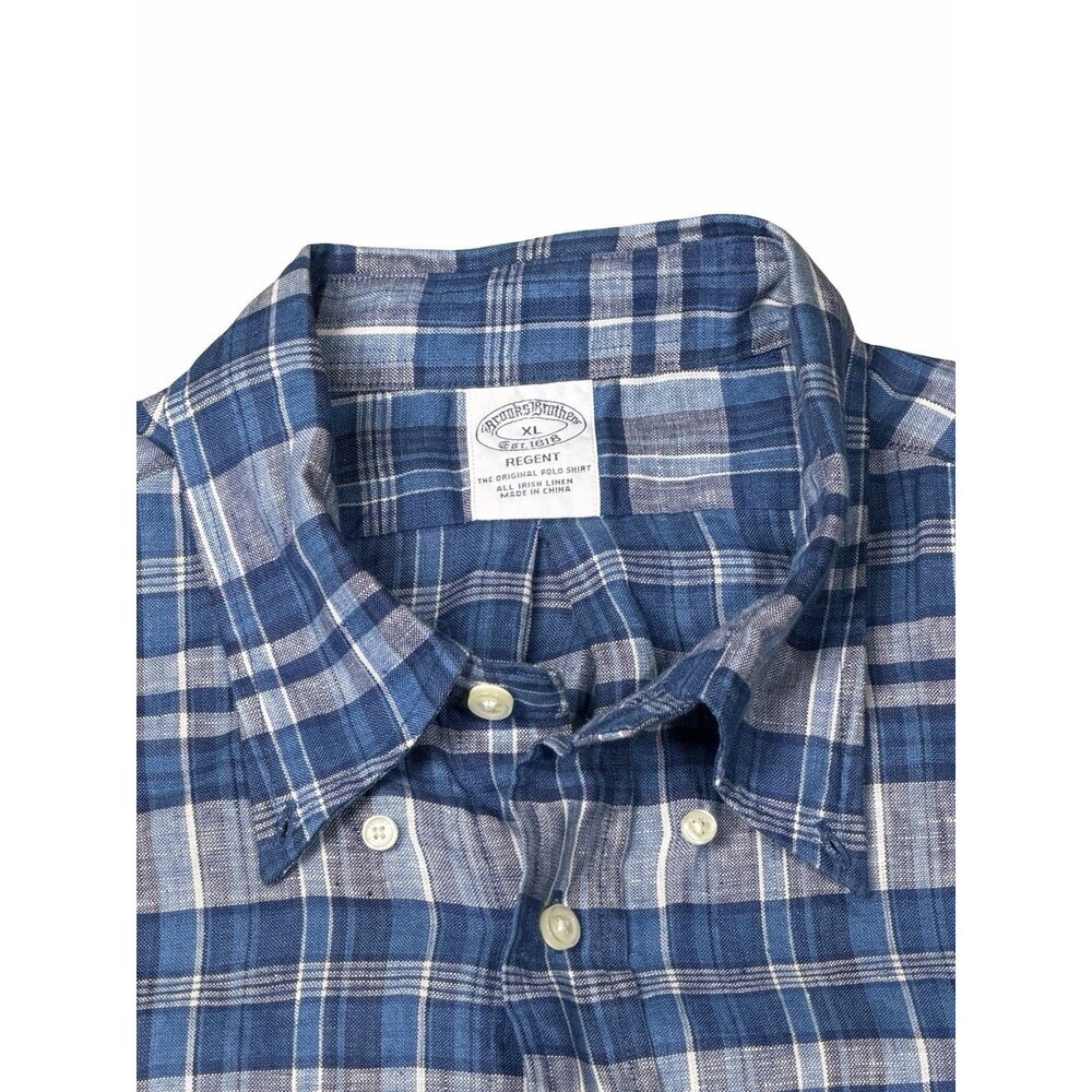 Brooks Brothers Men's XL Linen Plaid Button-Down Shirt Blue Green Brown White - Picture 3 of 8